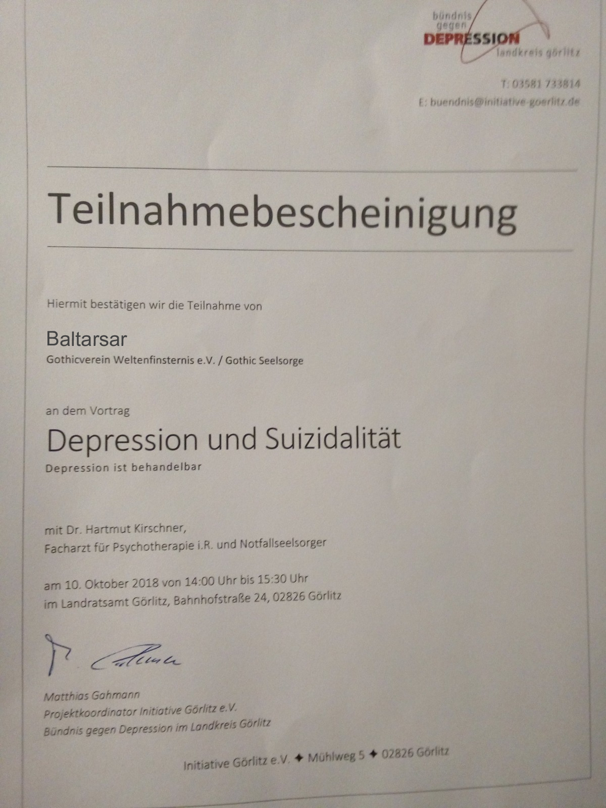 Teilnahmebescheinigung für Baltarsar beim Vortrag Depression und Suizidalität