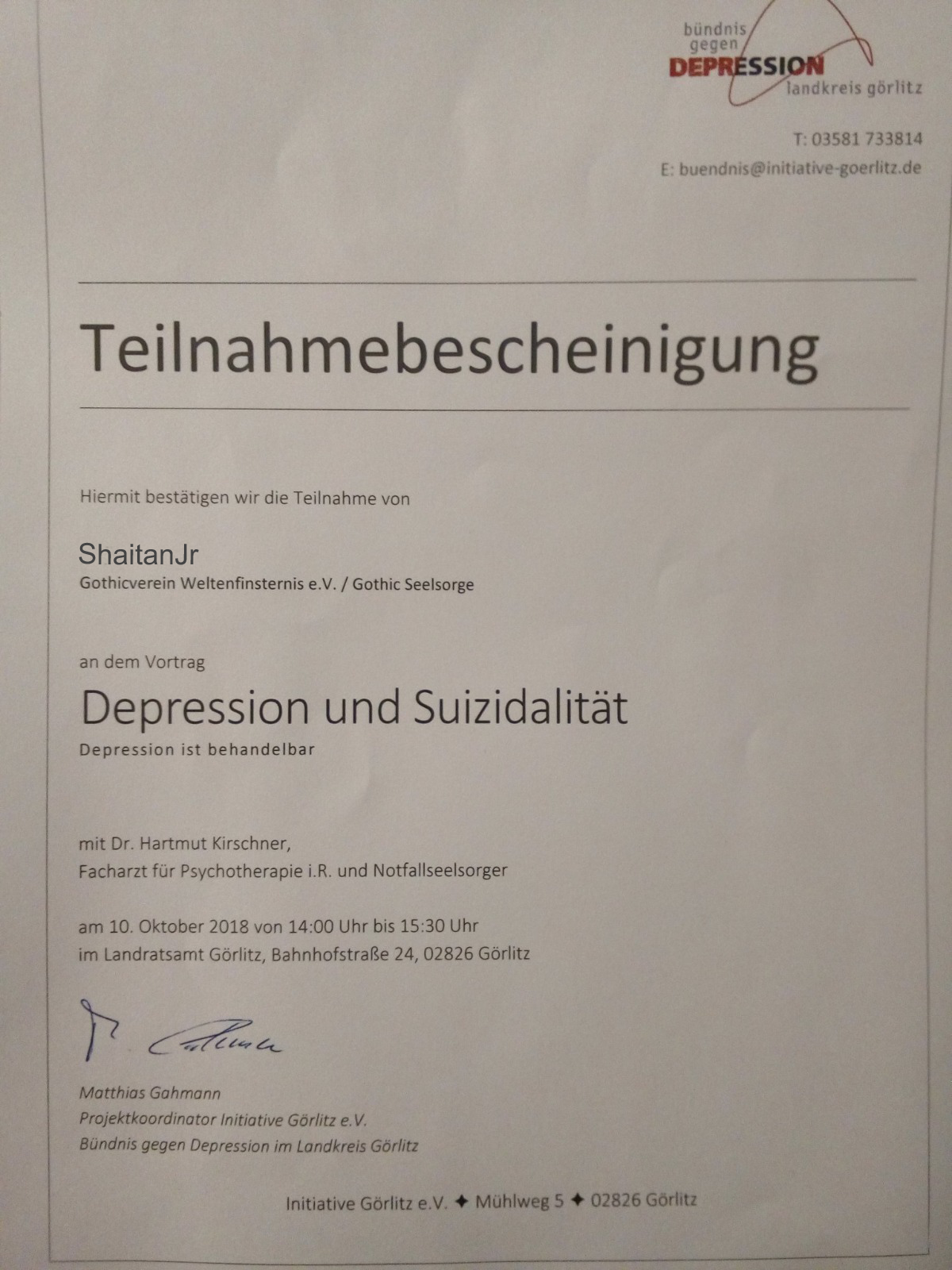 Teilnahmebescheinigung für ShaitanJr beim Vortrag Depression und Suizidalität